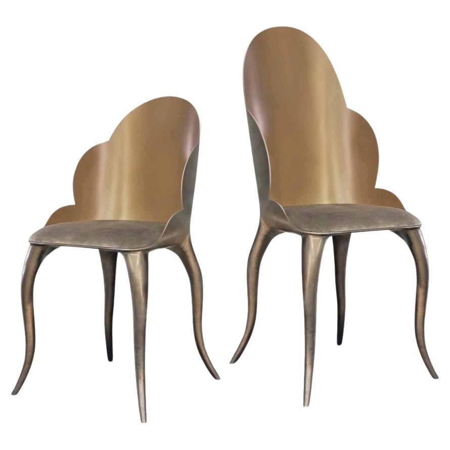 Portuguese Contemporary Upholstered Dining Chairs with Resin Finish in Brass Color  For Sale