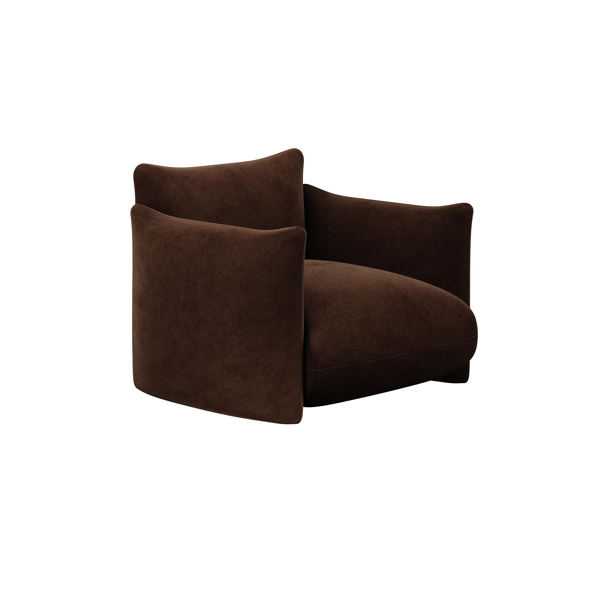 European Mid-Century Customizable Armchair Upholstered in Dark Brown Chocolat Velvet For Sale