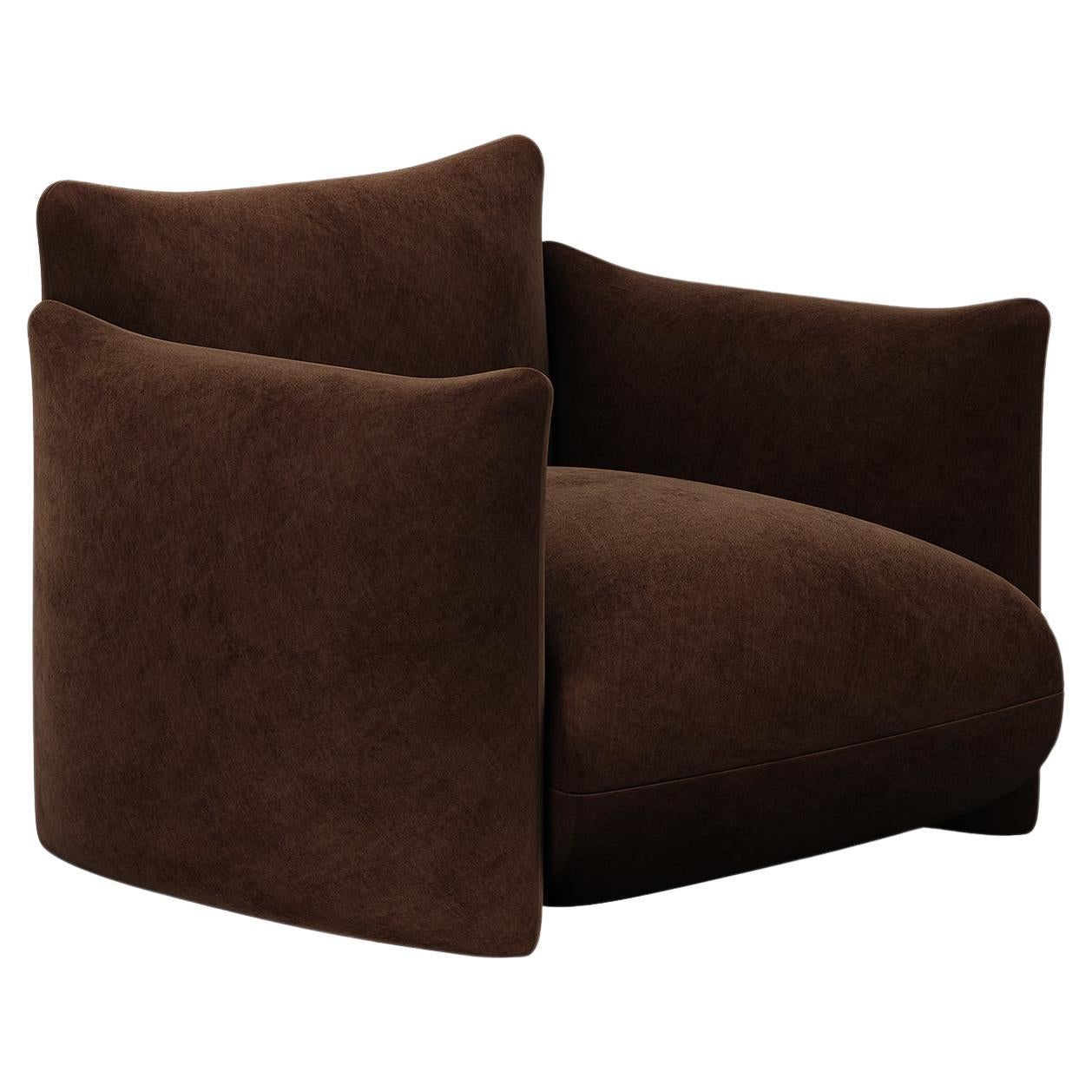 Mid-Century Customizable Armchair Upholstered in Dark Brown Chocolat Velvet For Sale