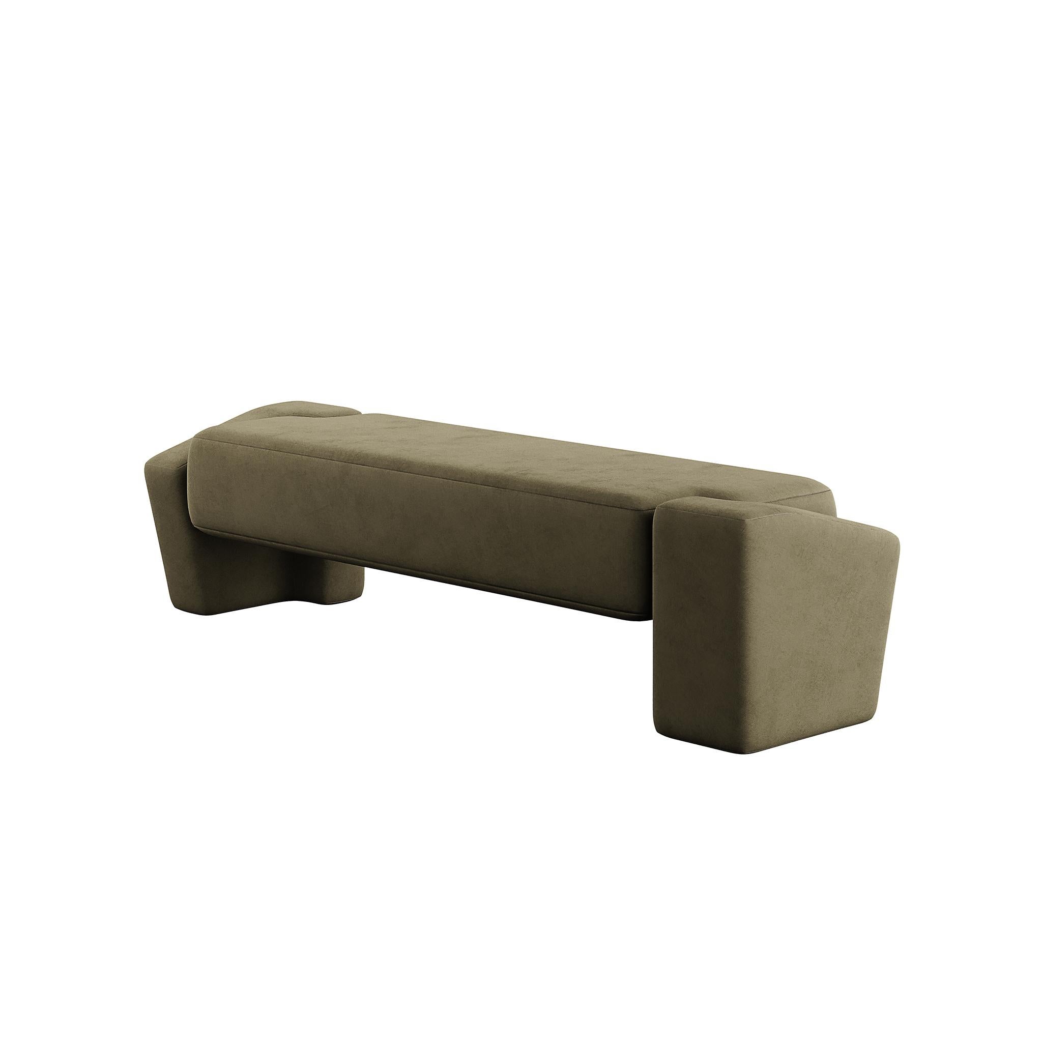 Contemporary Organic Modernis Bench Upholstered in Green Forest Velvet For Sale 1