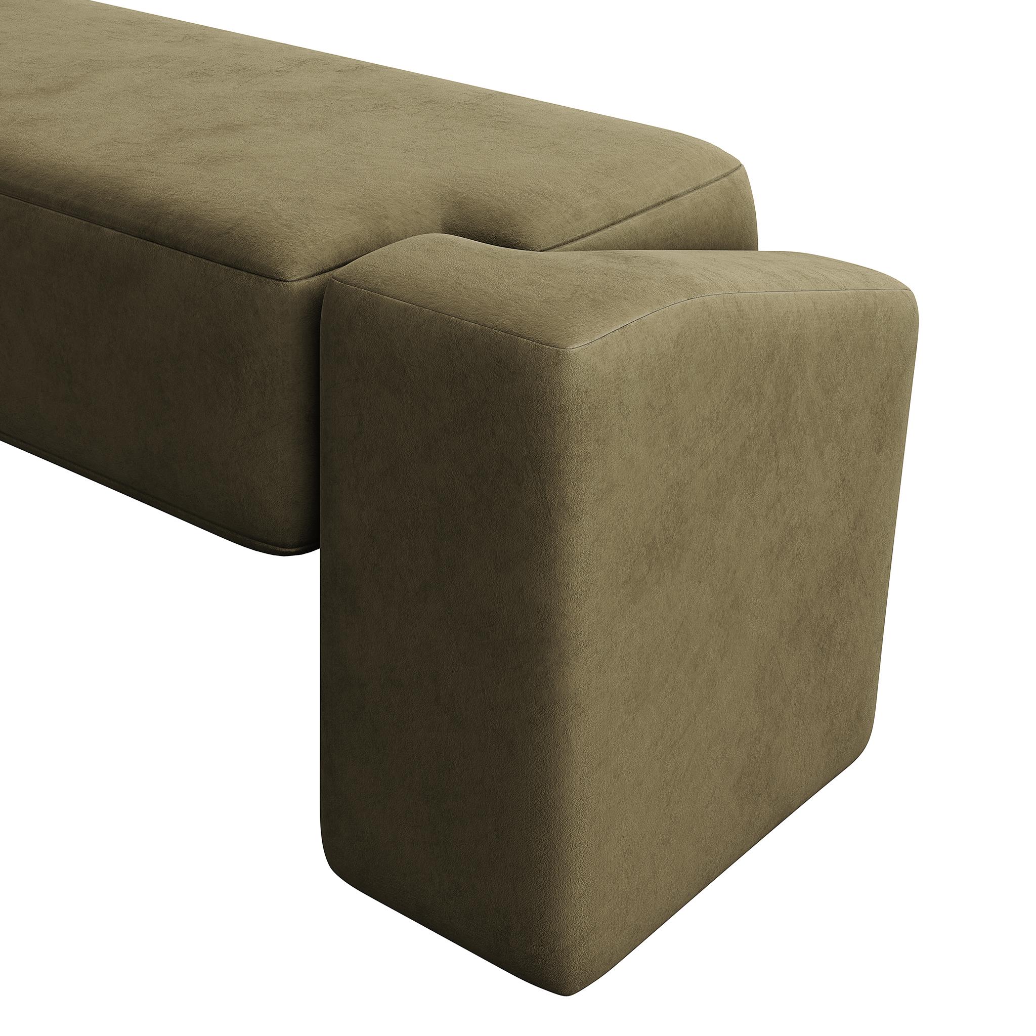 Contemporary Organic Modernis Bench Upholstered in Green Forest Velvet For Sale 2