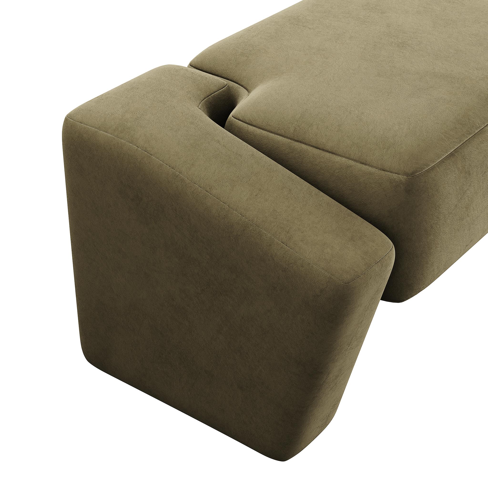 Contemporary Organic Modernis Bench Upholstered in Green Forest Velvet For Sale 3