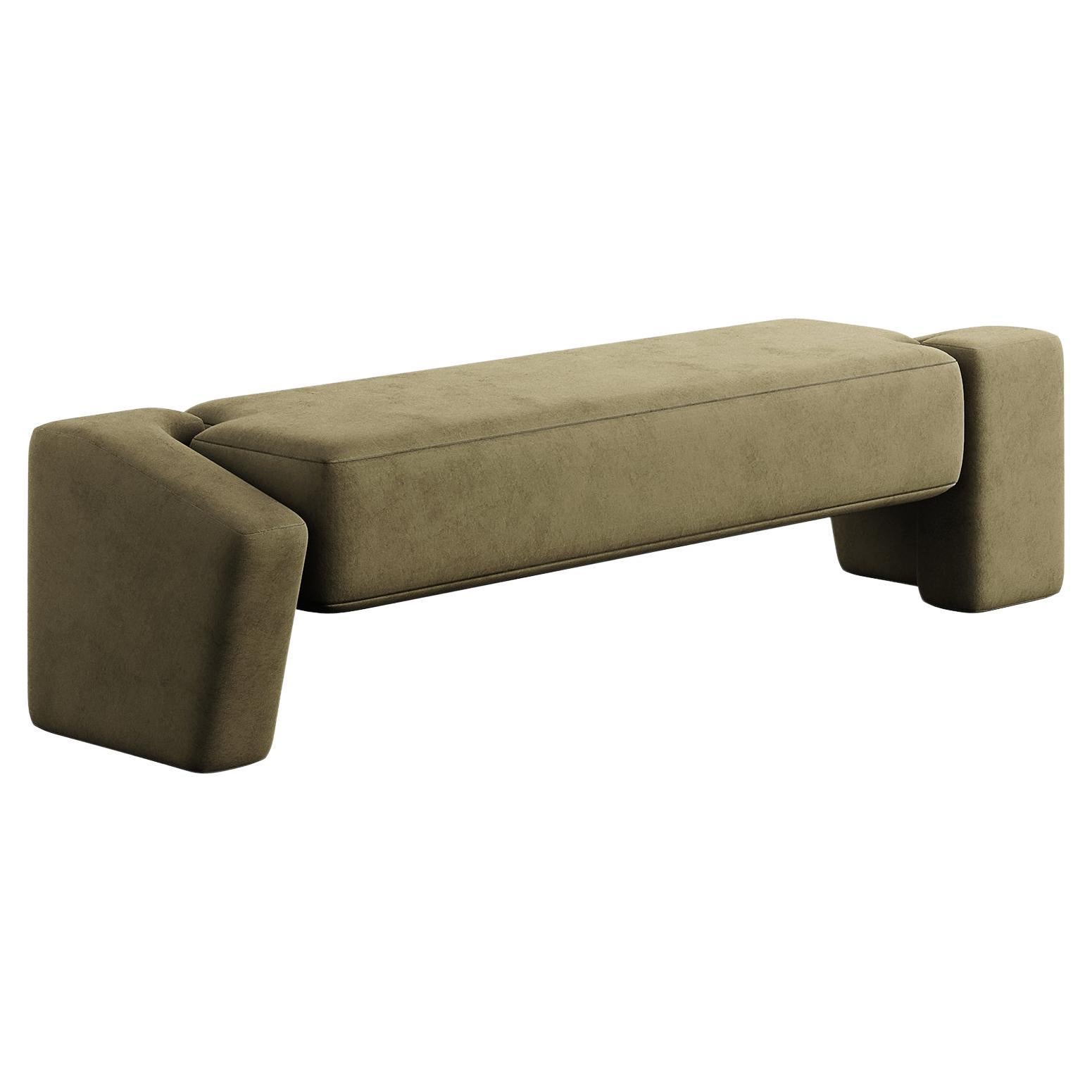 Contemporary Organic Modernis Bench Upholstered in Green Forest Velvet