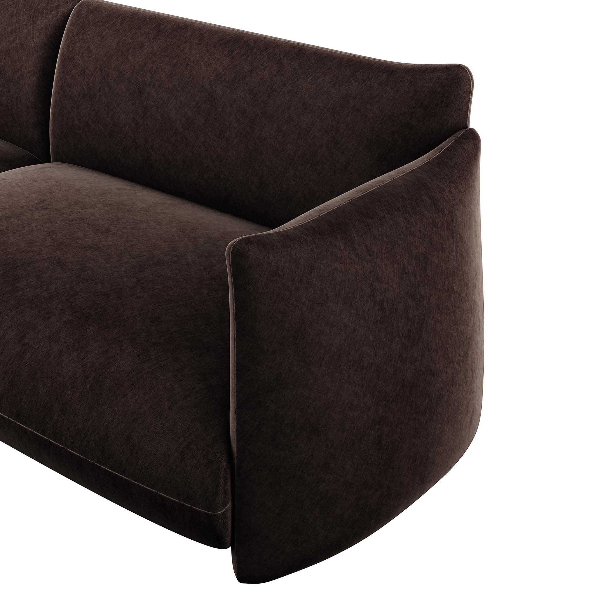 Minimalist Modern Customizable Sofa Upholstered in Dark Brown Chocolat Velvet For Sale 3