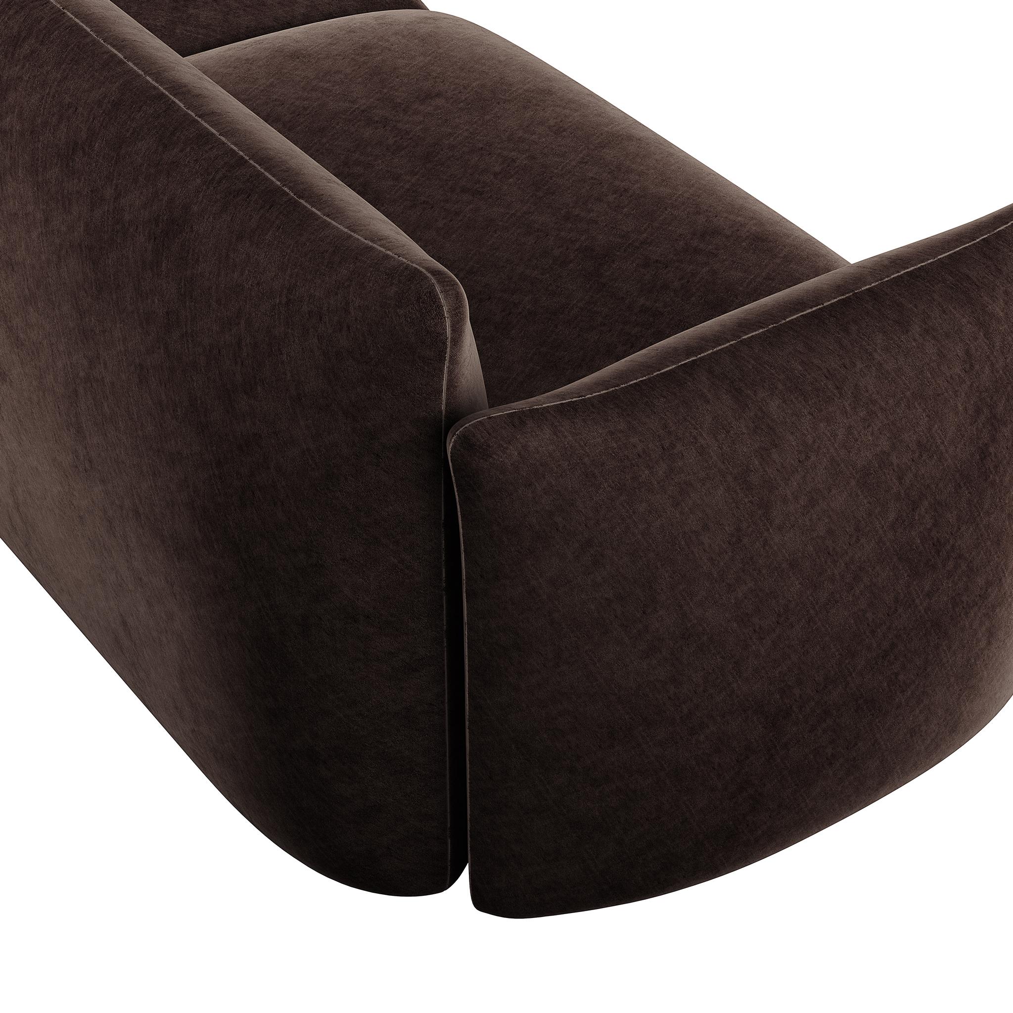 Minimalist Modern Customizable Sofa Upholstered in Dark Brown Chocolat Velvet For Sale 4
