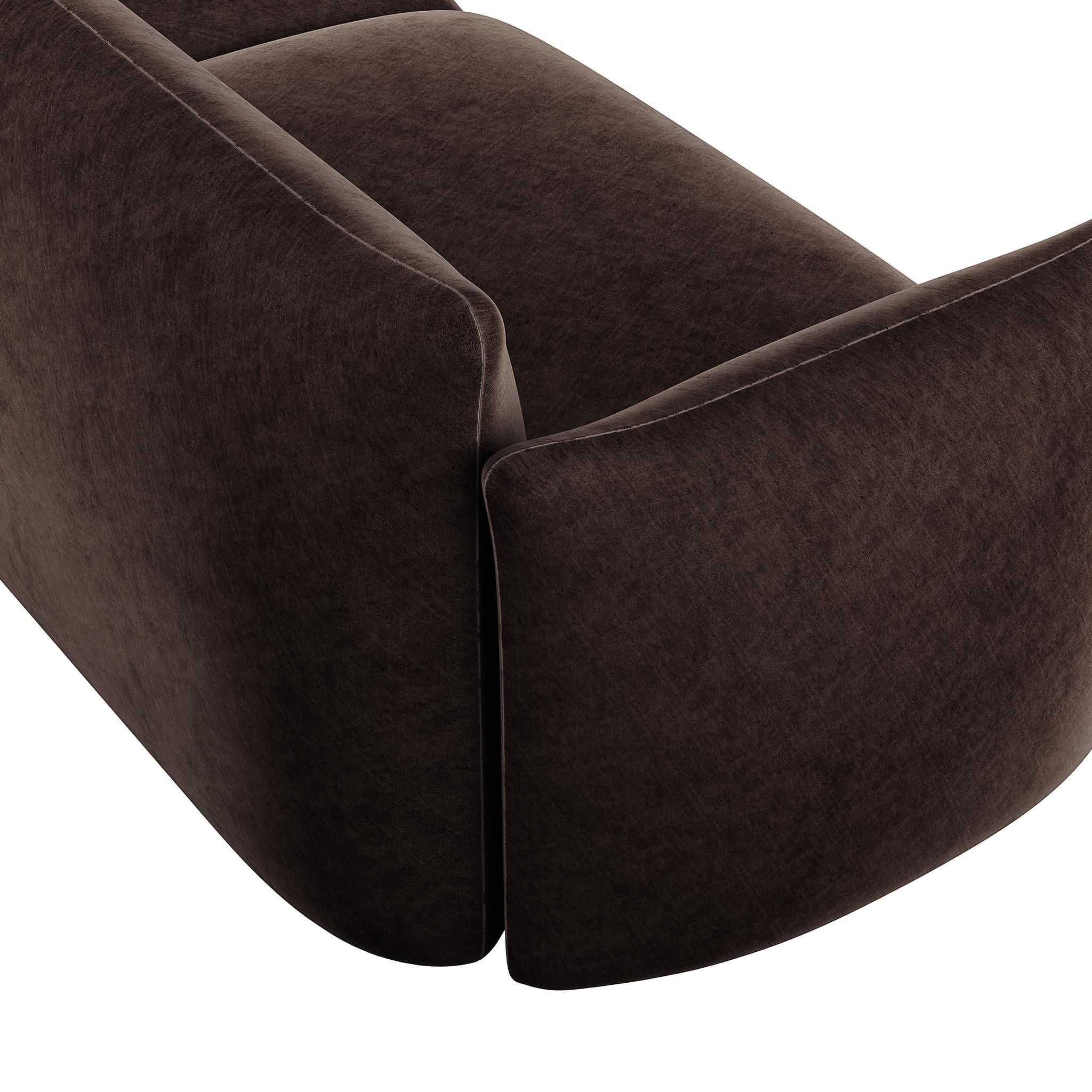 Minimalist Modern Customizable Sofa Upholstered in Dark Brown Chocolat Velvet For Sale 3