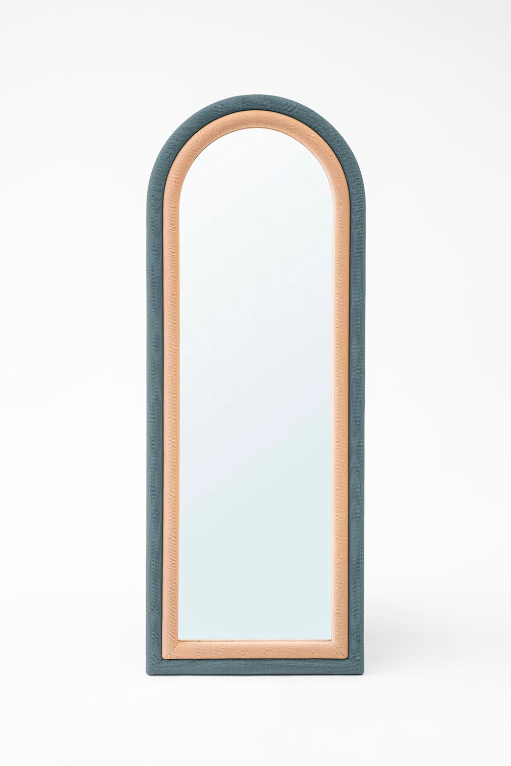 Turkish Contemporary Upholstered Iris Floor Mirror, Blue and Copper For Sale