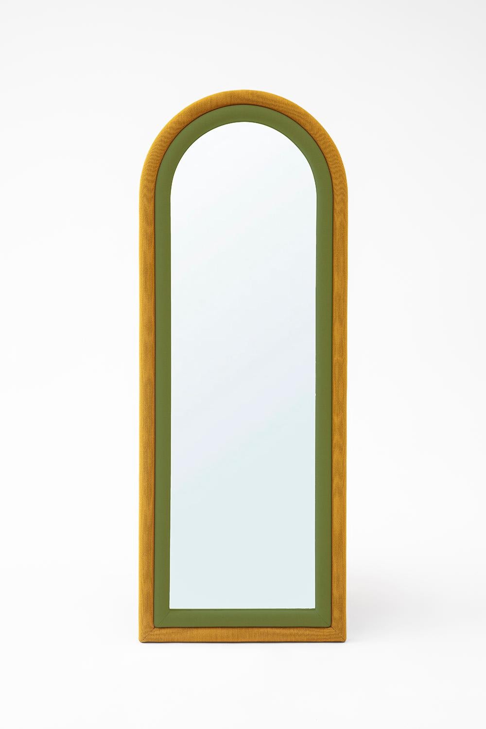 Other Contemporary Upholstered Iris Floor Mirror, Blue and Copper For Sale