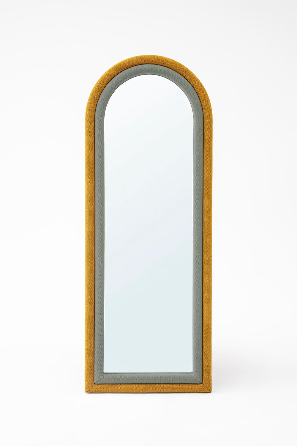 Contemporary Upholstered Iris Floor Mirror, Blue and Copper In New Condition For Sale In New York, NY