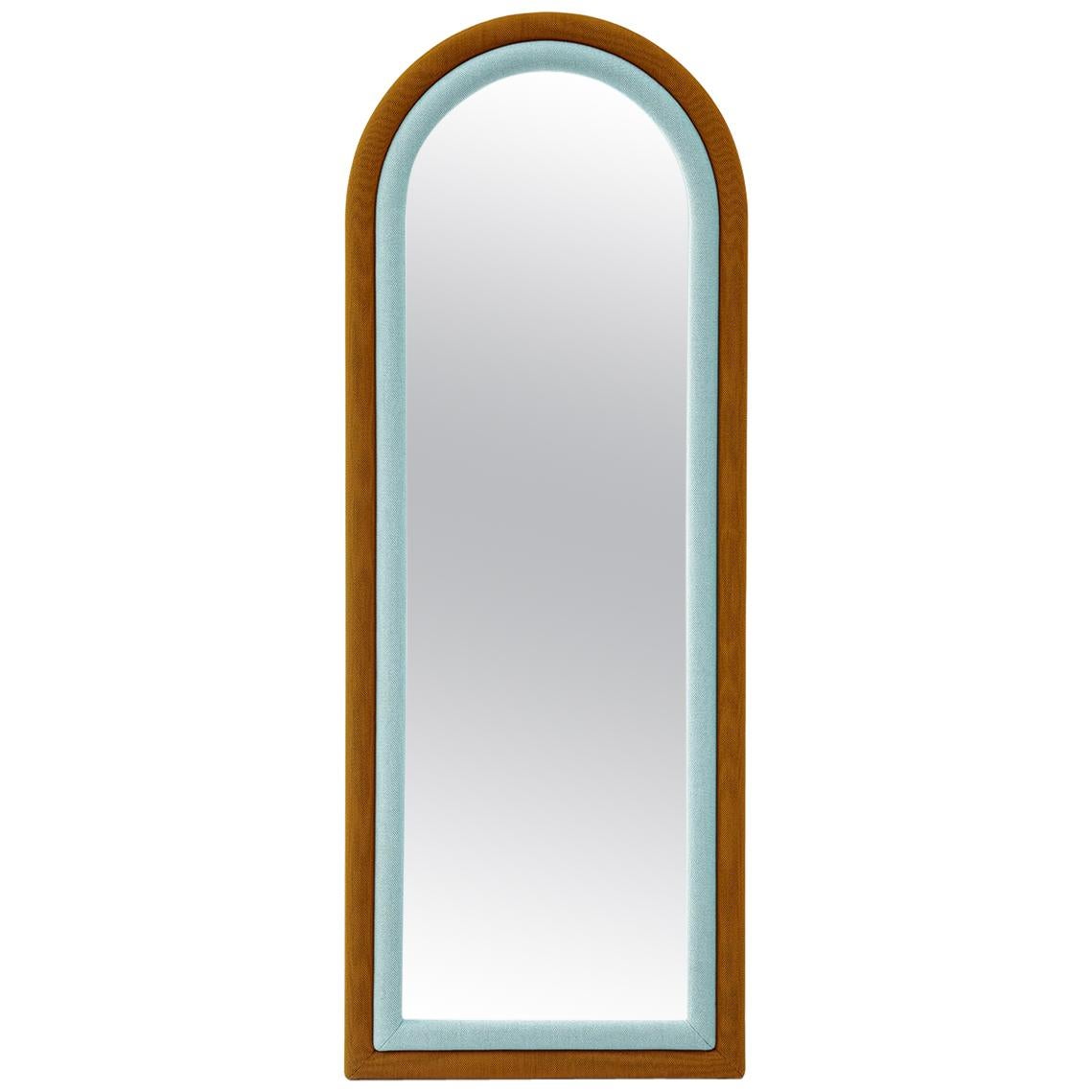 Contemporary Upholstered Iris Floor Mirror, Blue and Copper