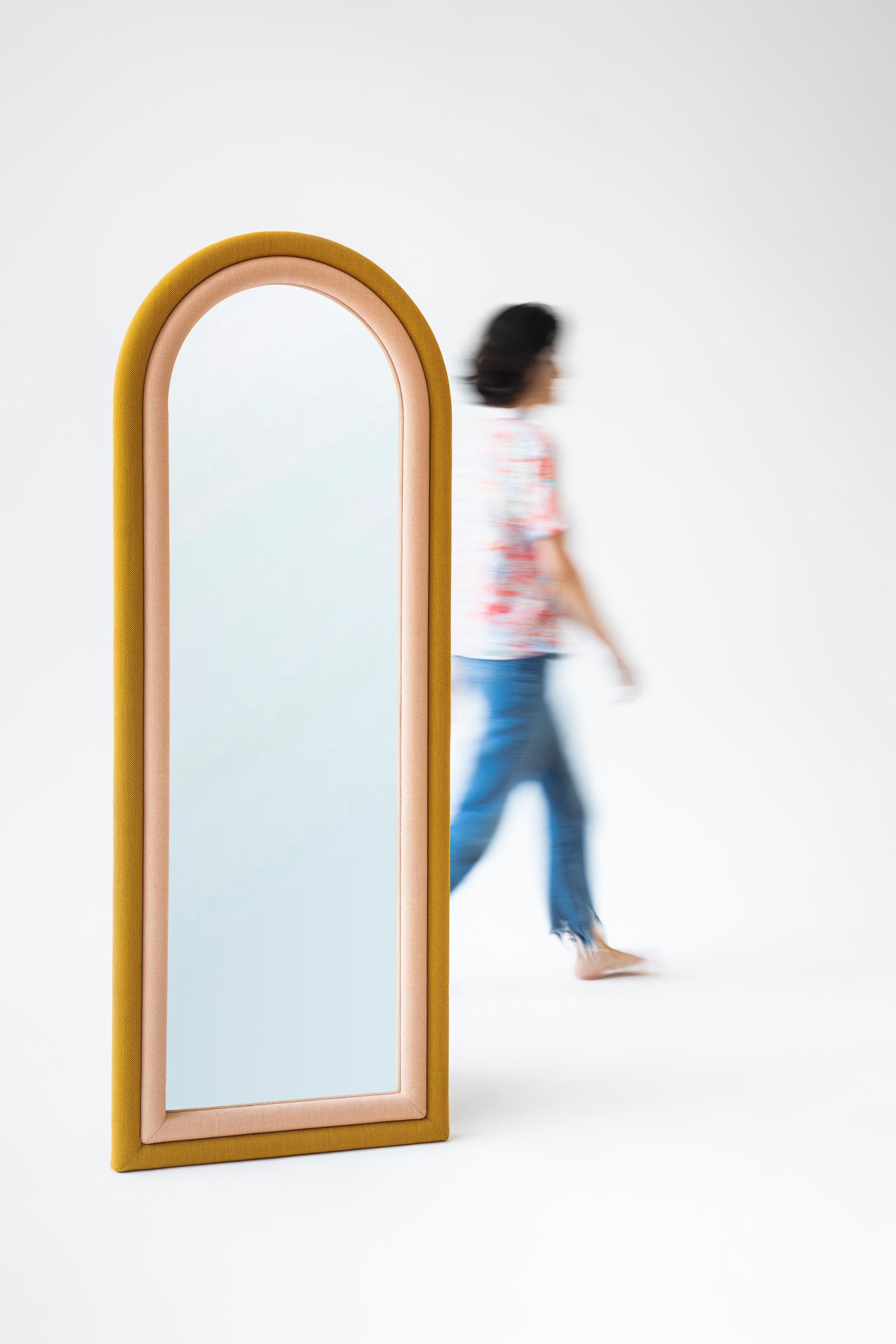 Turkish Contemporary Upholstered Iris Floor Mirror, Copper and Pink For Sale
