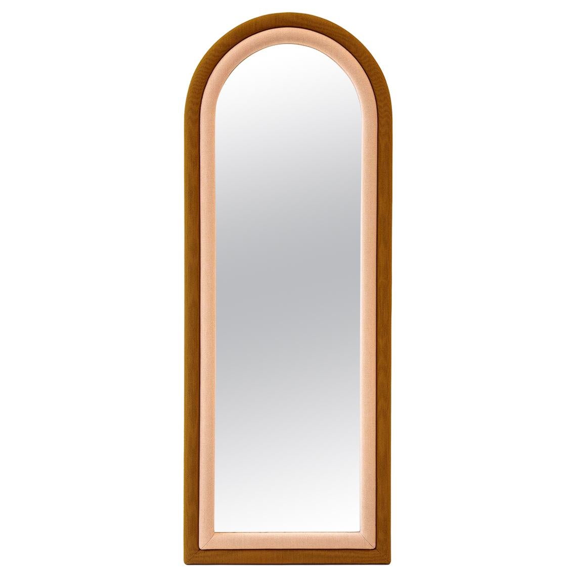 Contemporary Upholstered Iris Floor Mirror, Copper and Pink