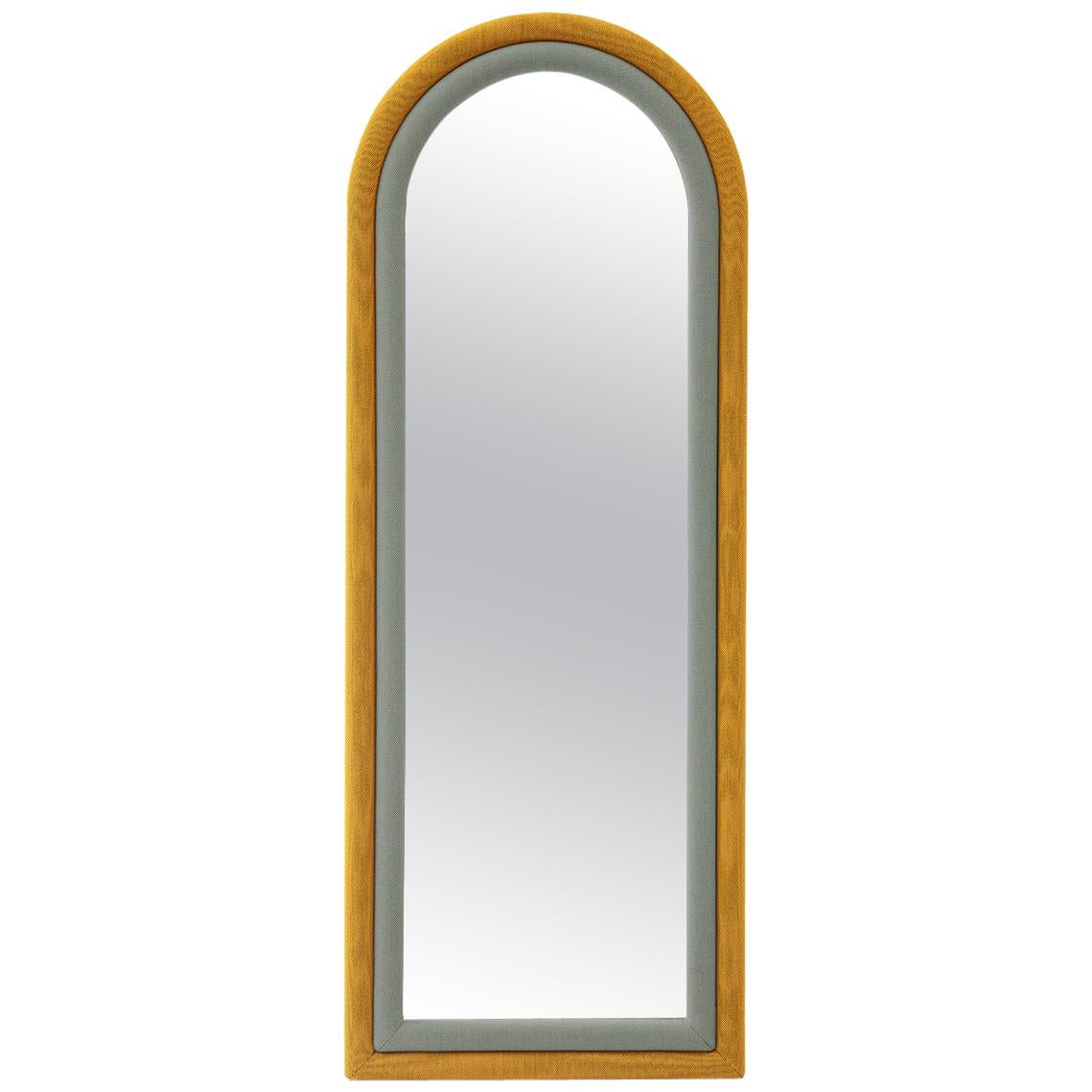 Contemporary Upholstered Iris Floor Mirror, Mustard and Blue For Sale