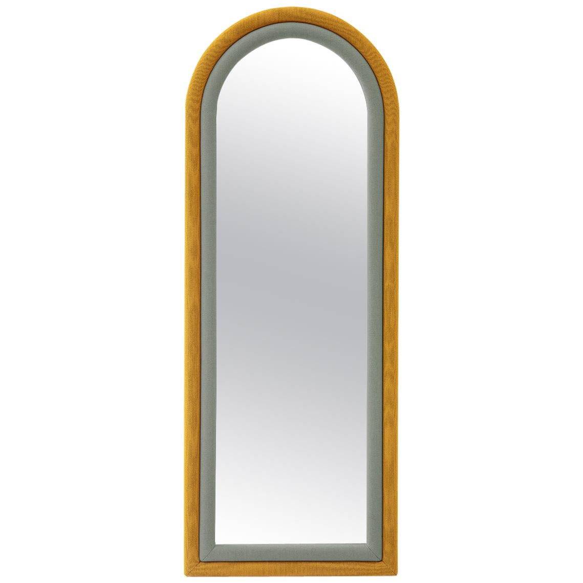 Contemporary Upholstered Iris Floor Mirror, Mustard and Blue