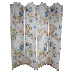 Contemporary Upholstered Rolling 4 Panel Folding Screen Flowers Butterflies