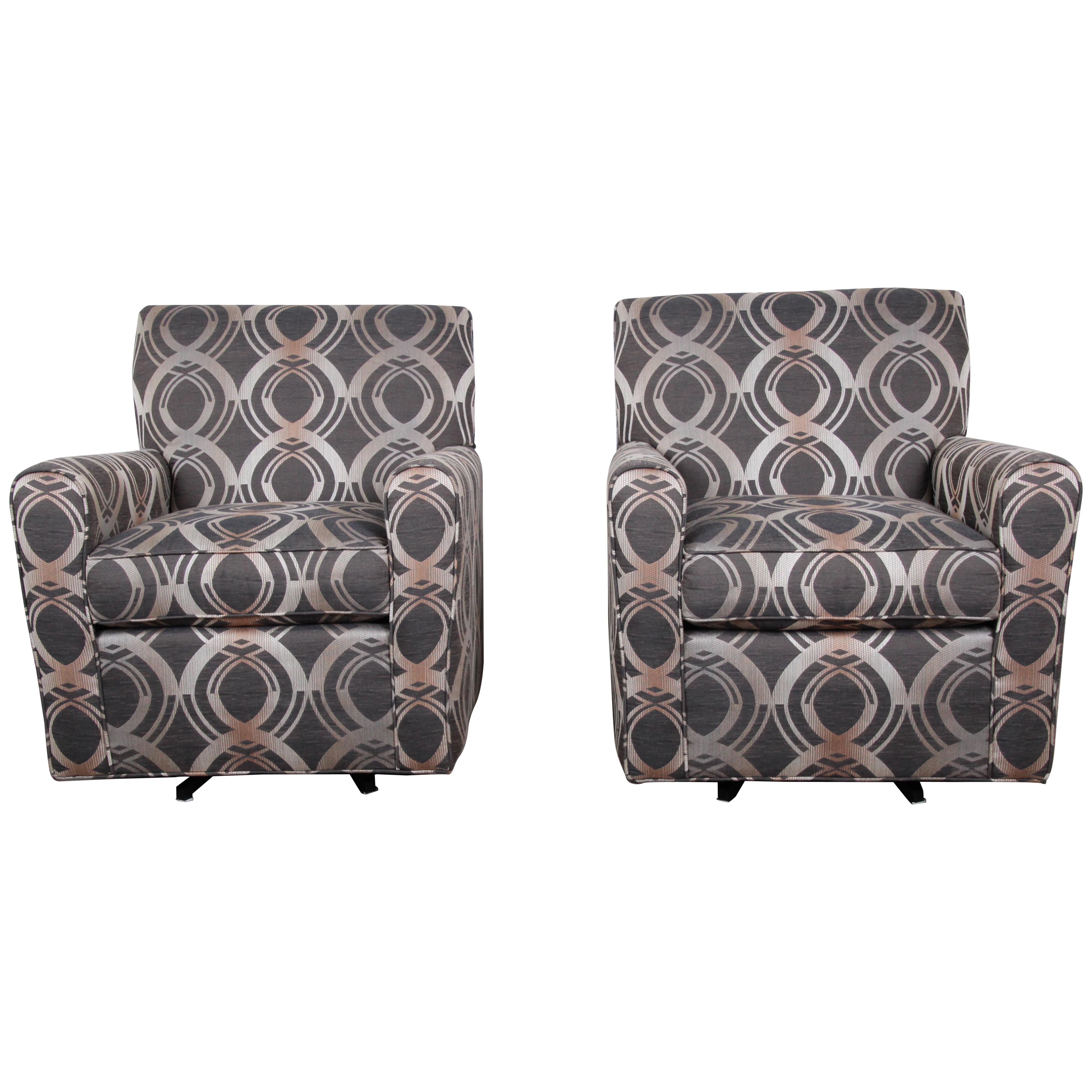 Contemporary Upholstered Swivel Lounge Chairs by Craftmaster, Pair