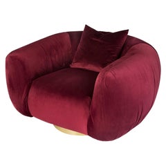 Contemporary Upholstery Belly Armchair, Red Velvet and Polished Brass Foot