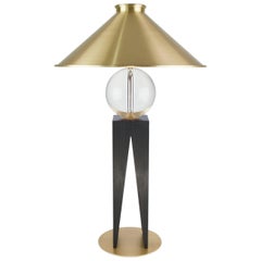 Contemporary V Lamp Extra Large, Geometric Oak Base, Glass Sphere and Brass