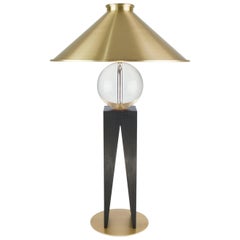 Contemporary V Lamp Extra Large, Geometric Oak Base, Glass Sphere and Brass
