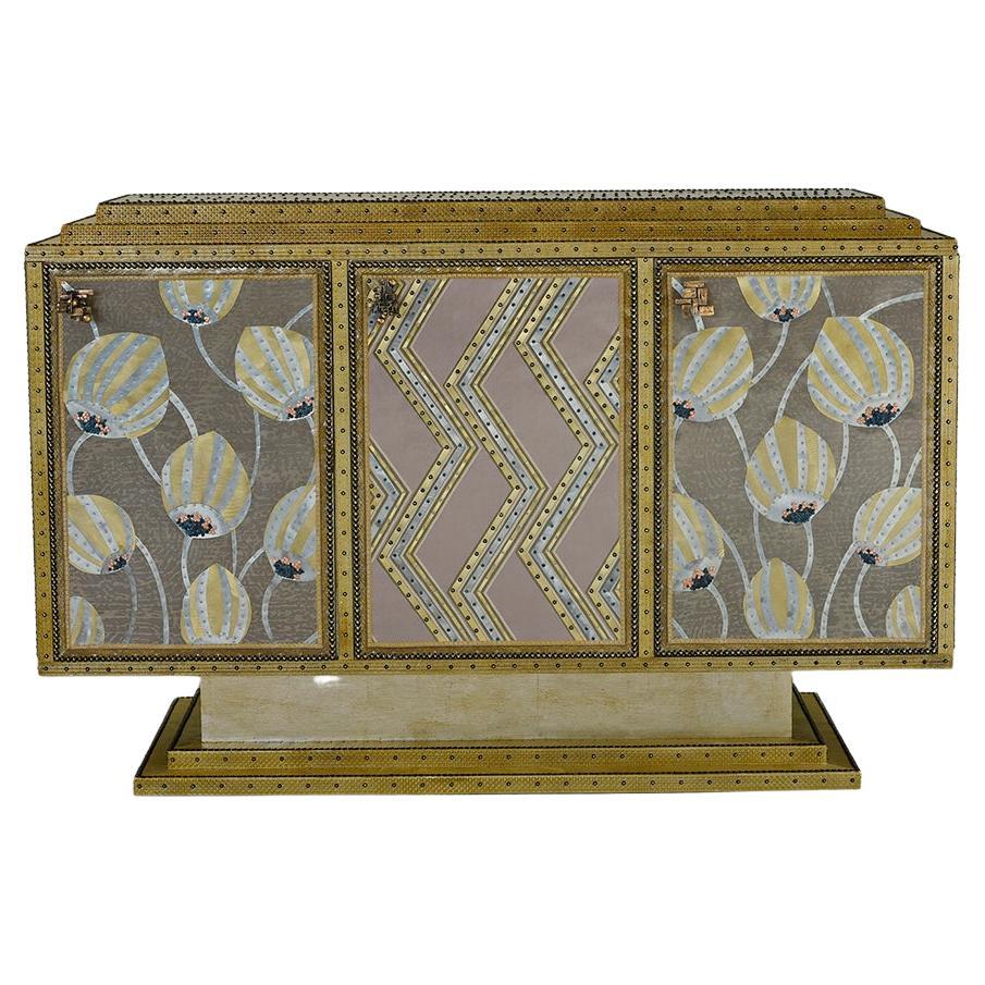 Contemporary Valentina Giovando Cabinet Buffet Wood Brass Zinc Lilac Gold For Sale