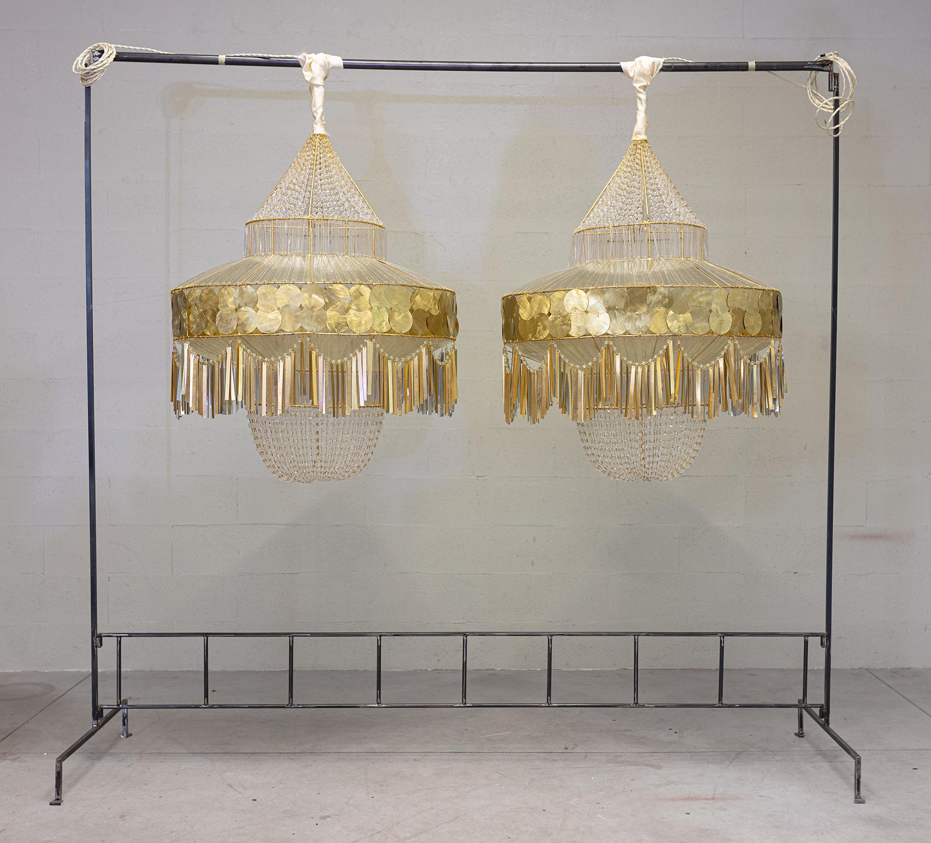 Contemporary Valentina Giovando Chandelier Brass Crystals Transparent White Gold In New Condition For Sale In Milano, IT
