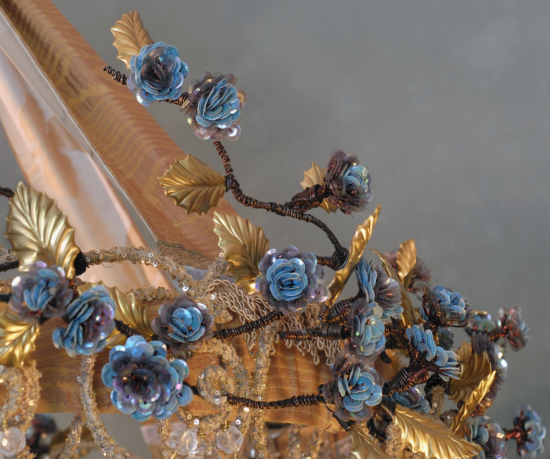 Modern Contemporary Valentina Giovando Chandelier Crystal Sequins Fabric Brass Blu Gold For Sale