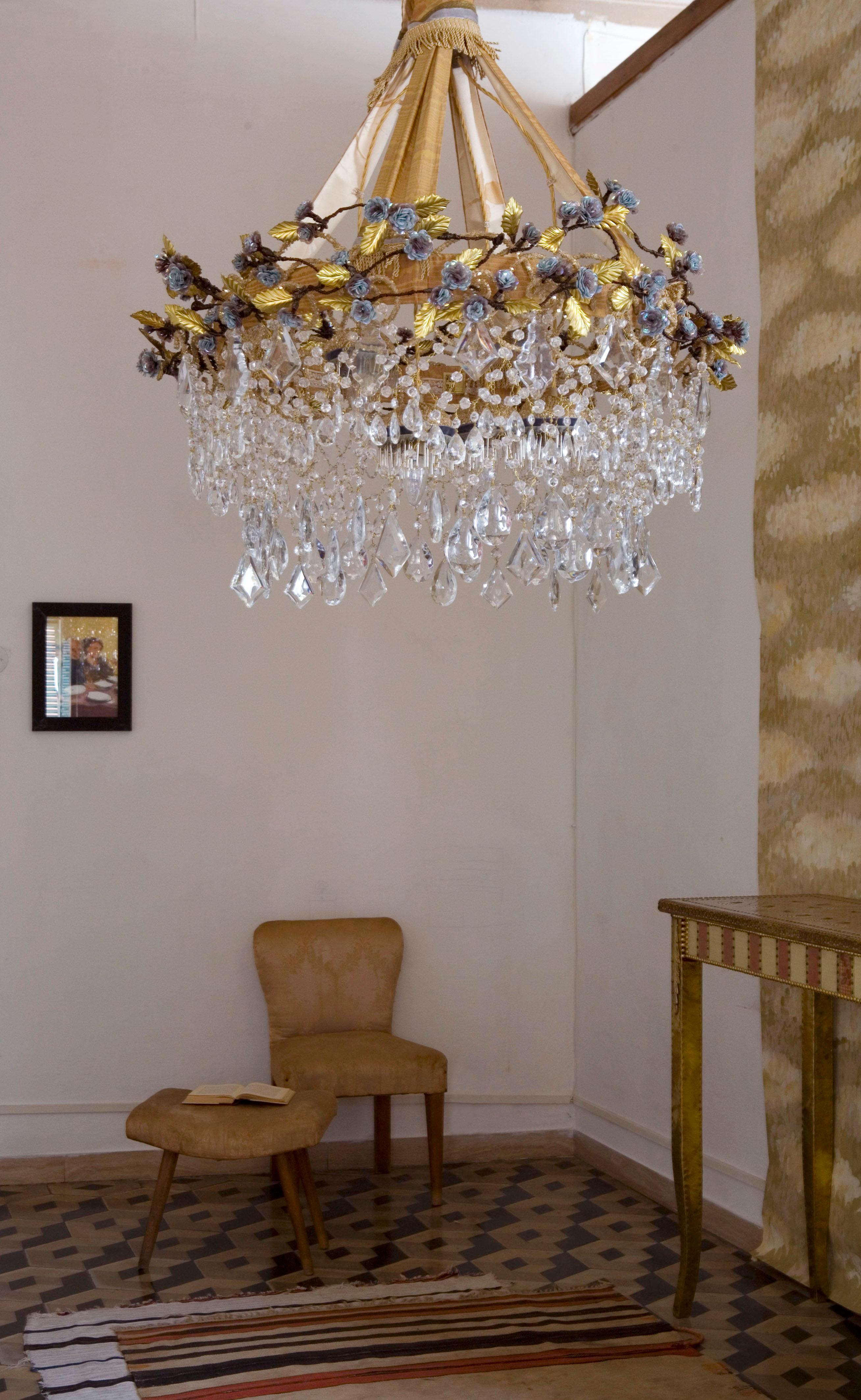 Hand-Crafted Contemporary Valentina Giovando Chandelier Crystal Sequins Fabric Brass Blu Gold For Sale