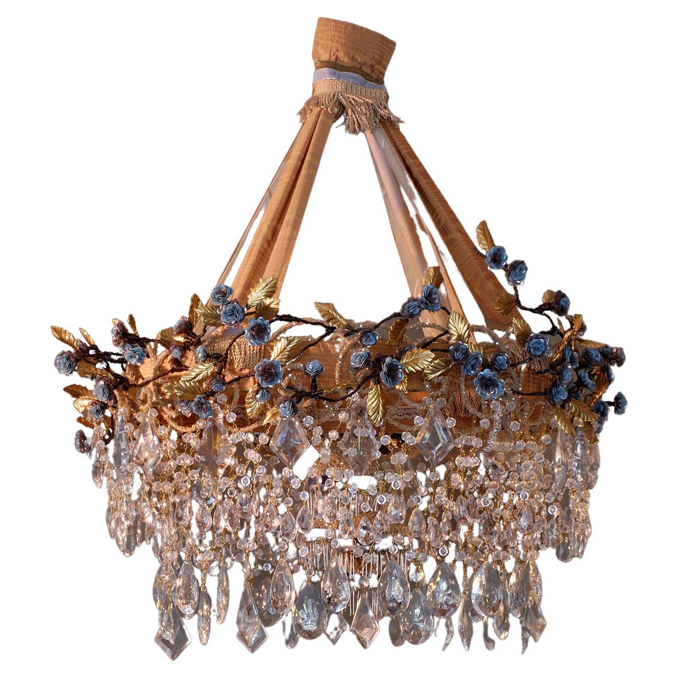 Contemporary Valentina Giovando Chandelier Crystal Sequins Fabric Brass Blu Gold For Sale