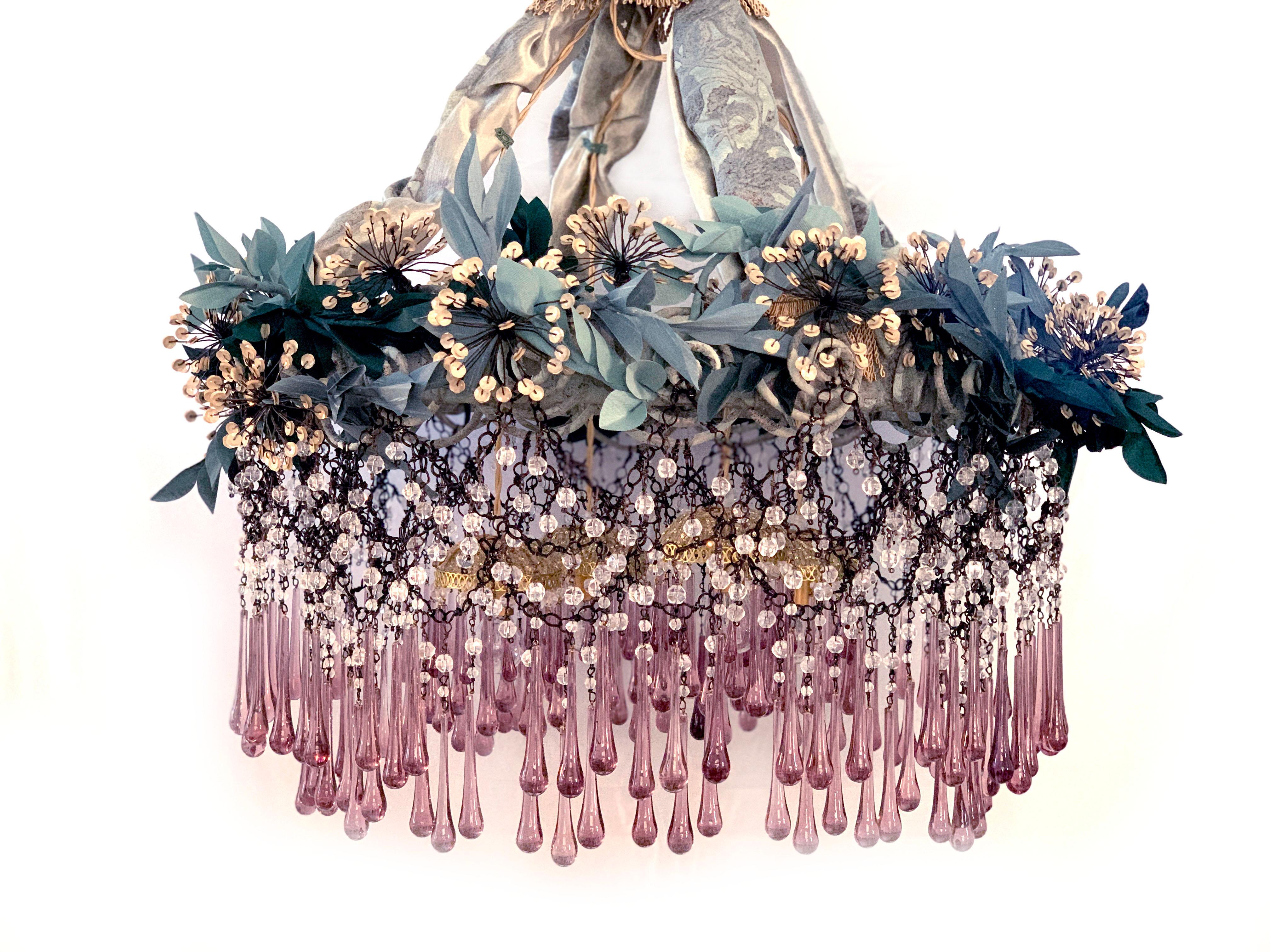Moderne Lustre contemporain Valentina Giovando en cristaux, tissus et paillettes vert aqua en vente