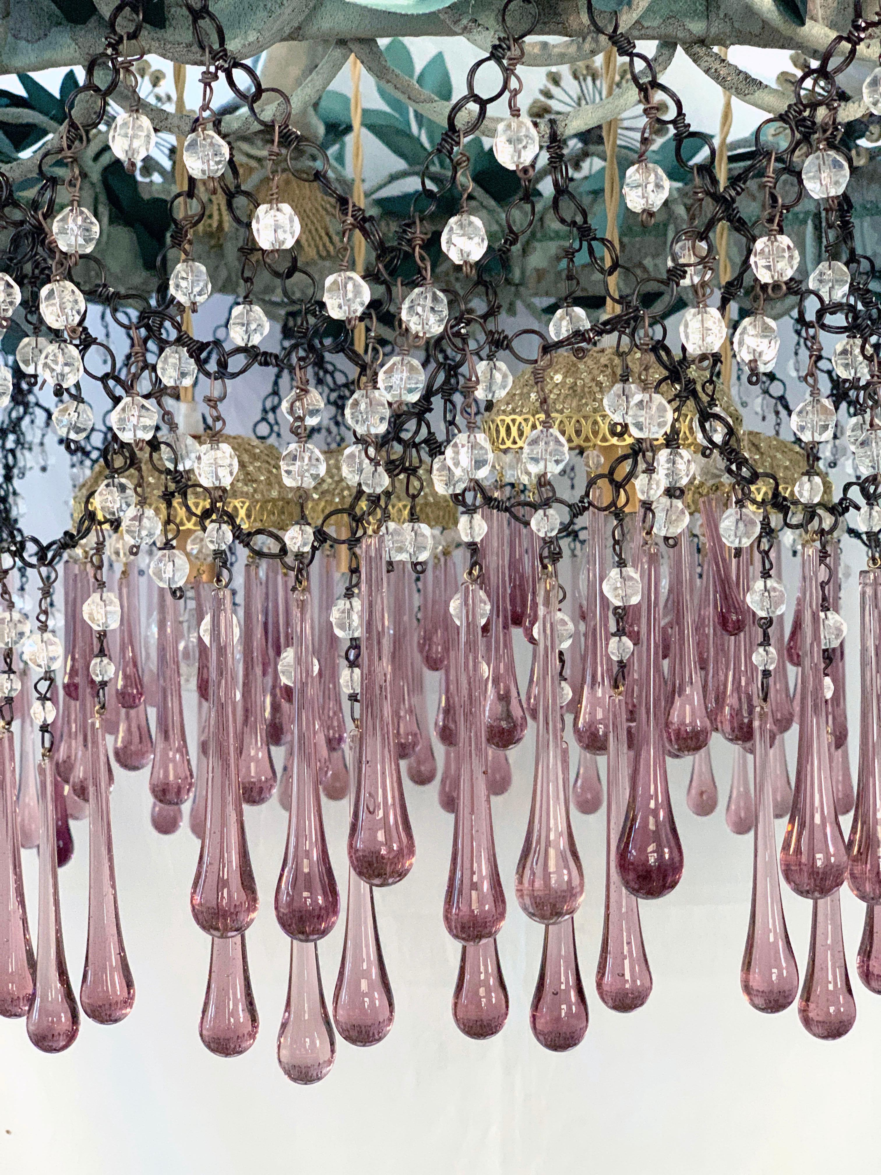 Italian Contemporary Valentina Giovando Chandelier Crystals Fabrics Sequins Aqua Green For Sale