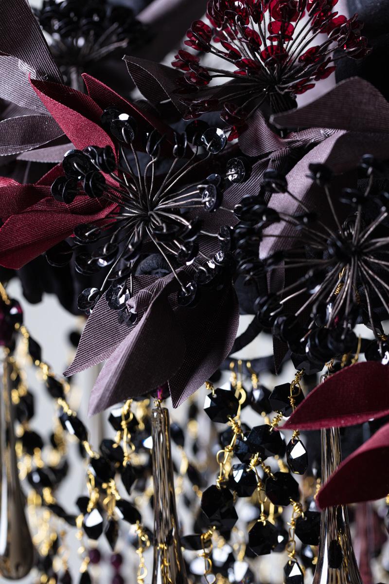Modern Contemporary Valentina Giovando Chandelier Crystals Fabrics Sequins Black Purple For Sale
