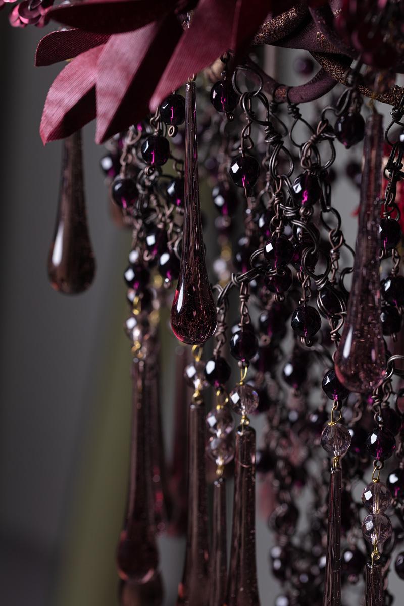 Hand-Crafted Contemporary Valentina Giovando Chandelier Crystals Fabrics Sequins Black Purple For Sale