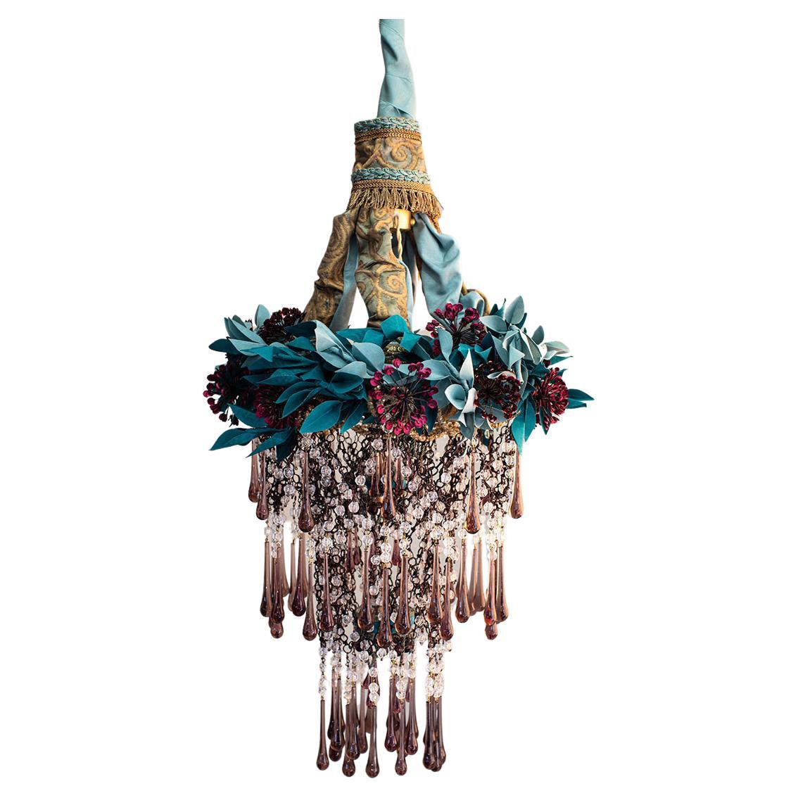 Lustre contemporain Valentina Giovando en cristaux, tissus et paillettes verts