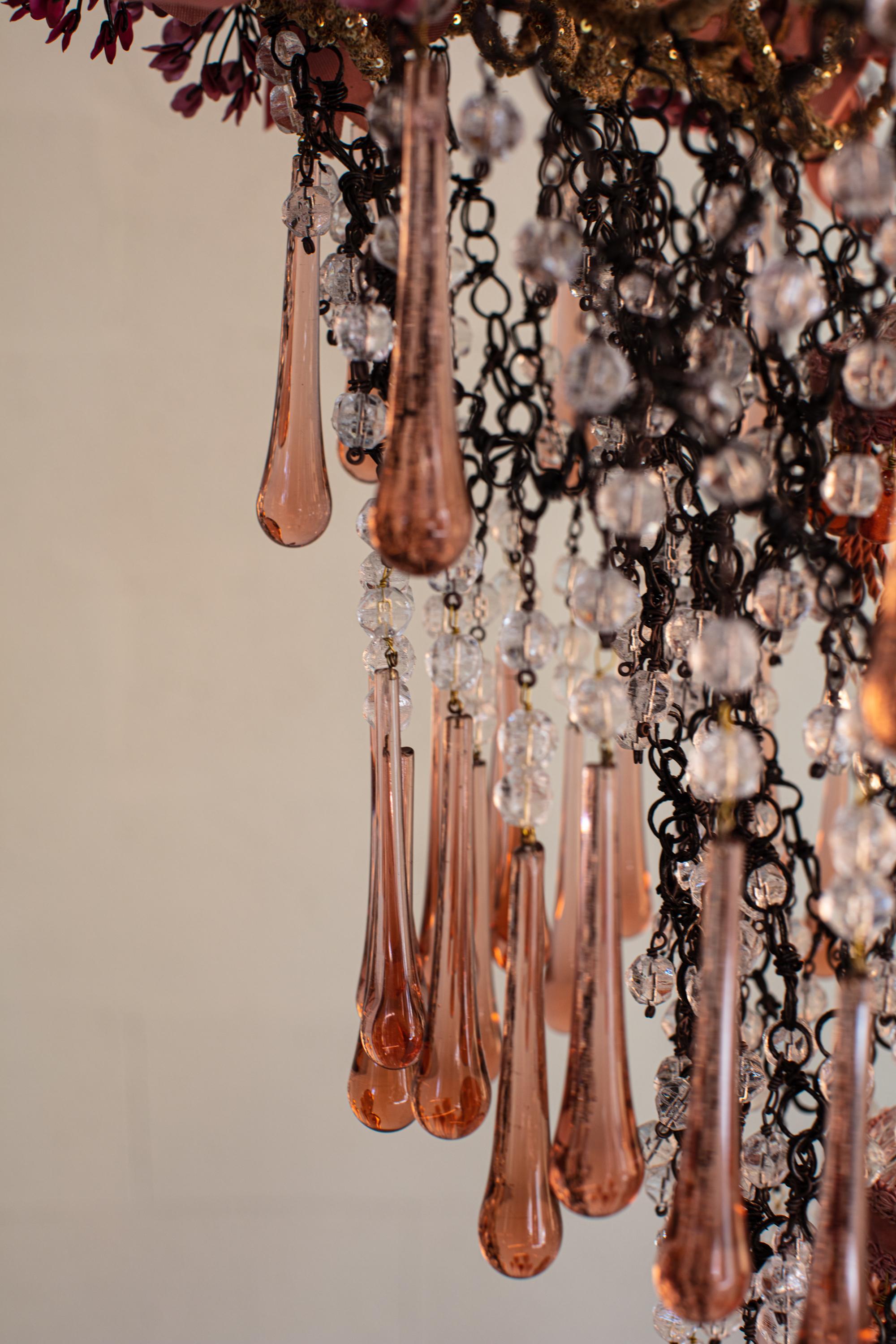 Hand-Crafted Contemporary Valentina Giovando Chandelier Crystals Fabrics Sequins Pink For Sale