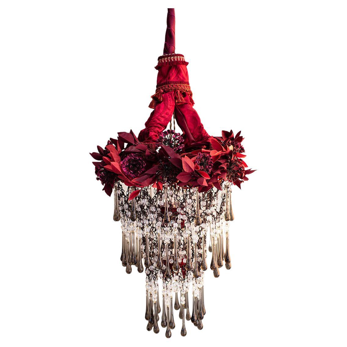 Contemporary Valentina Giovando Chandelier Crystals Fabrics Sequins Red For Sale