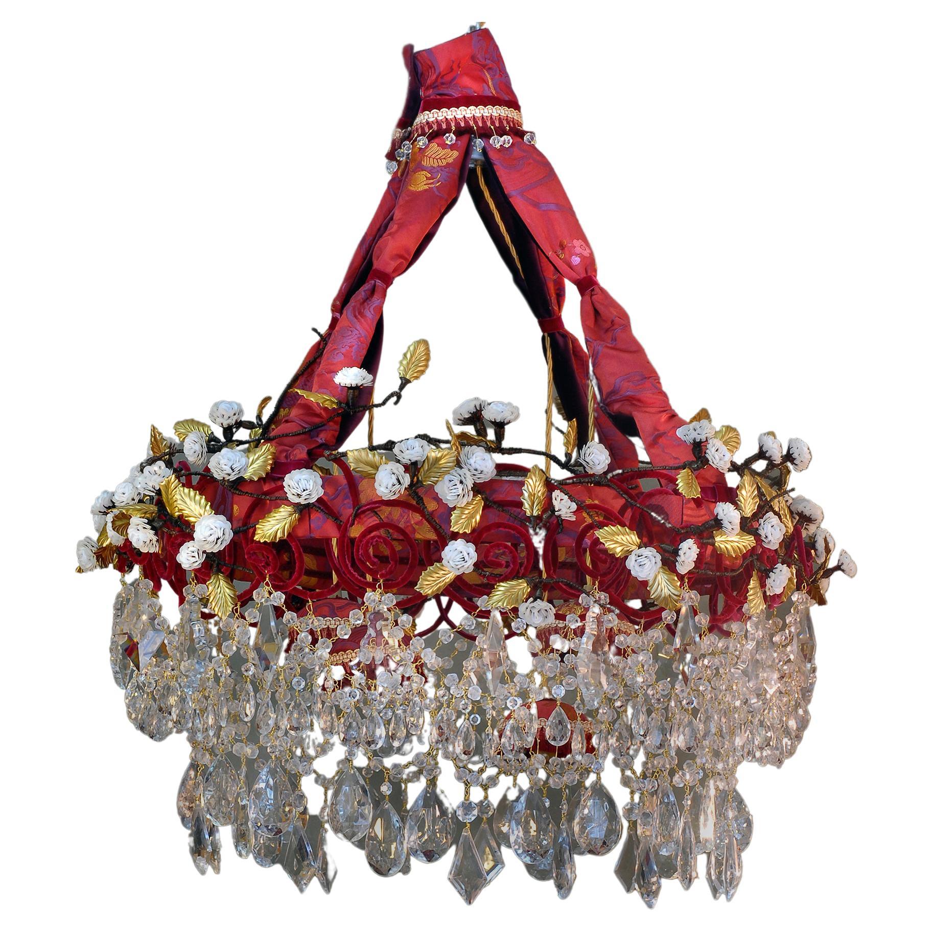 Contemporary Valentina Giovando Chandelier Crystals Sequins Fabric Red White For Sale