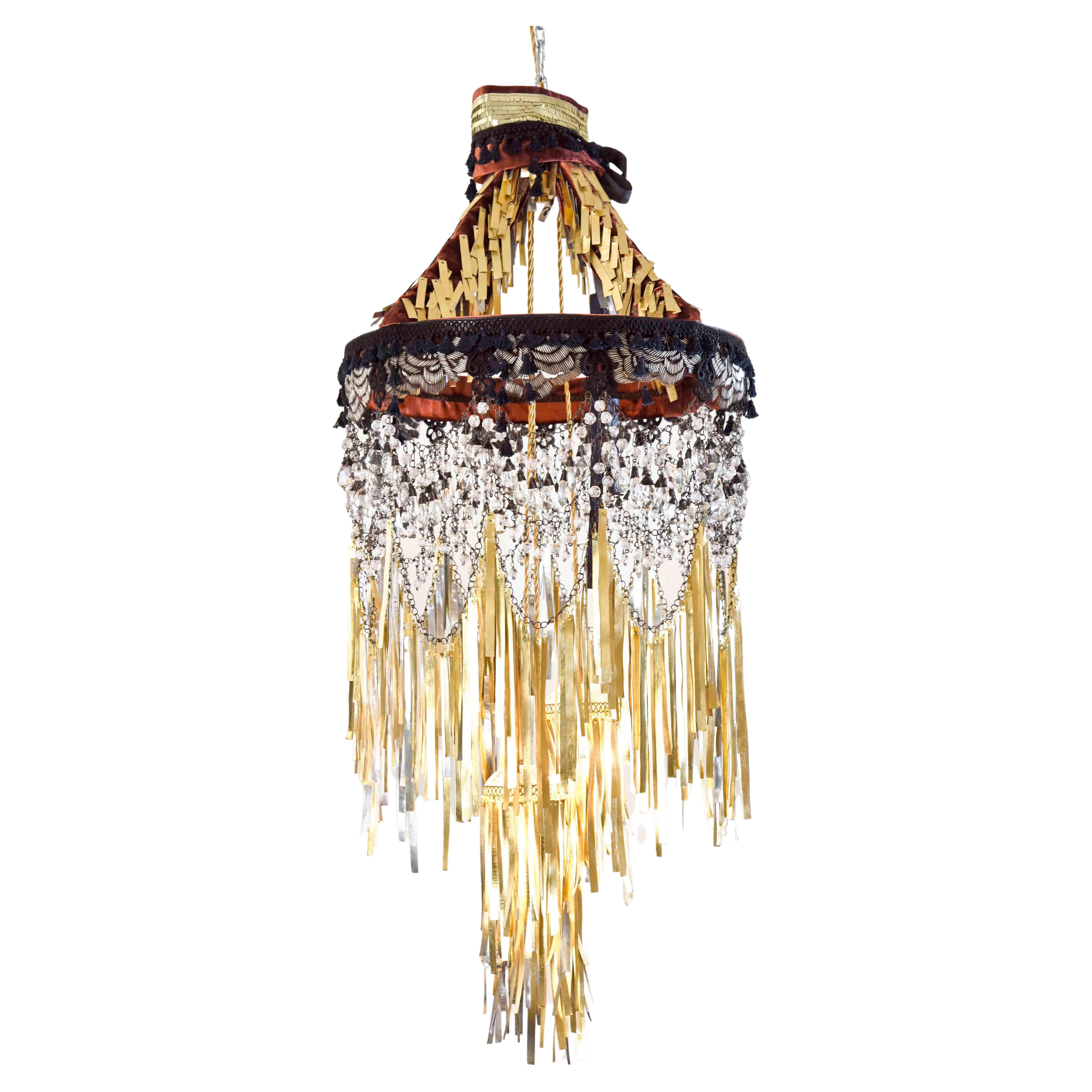 Contemporary Valentina Giovando Chandelier Fabric Crystals Brass Gold