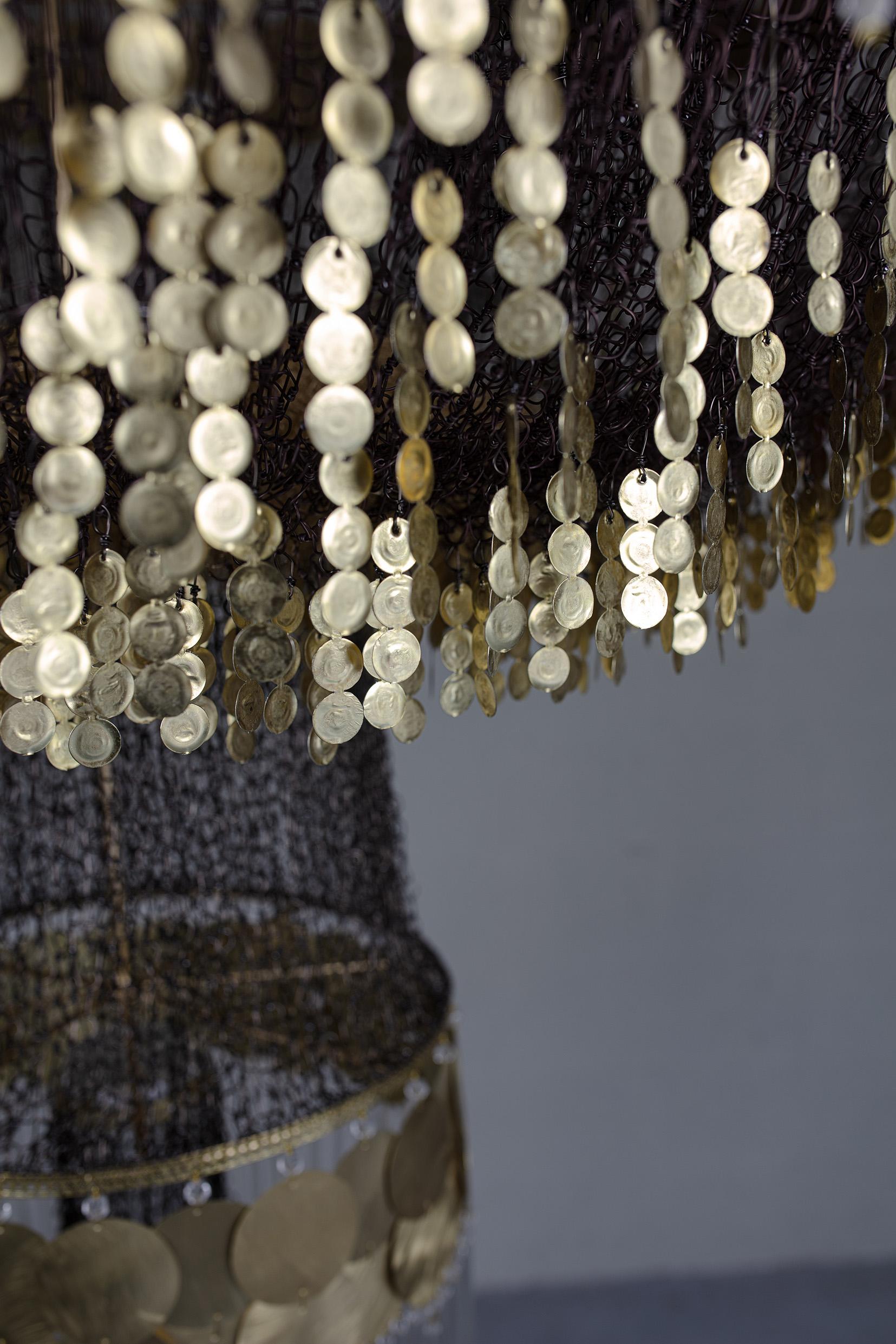 Modern Contemporary Valentina Giovando Chandelier Gold Leaf Brass Glass Beads Crystal For Sale