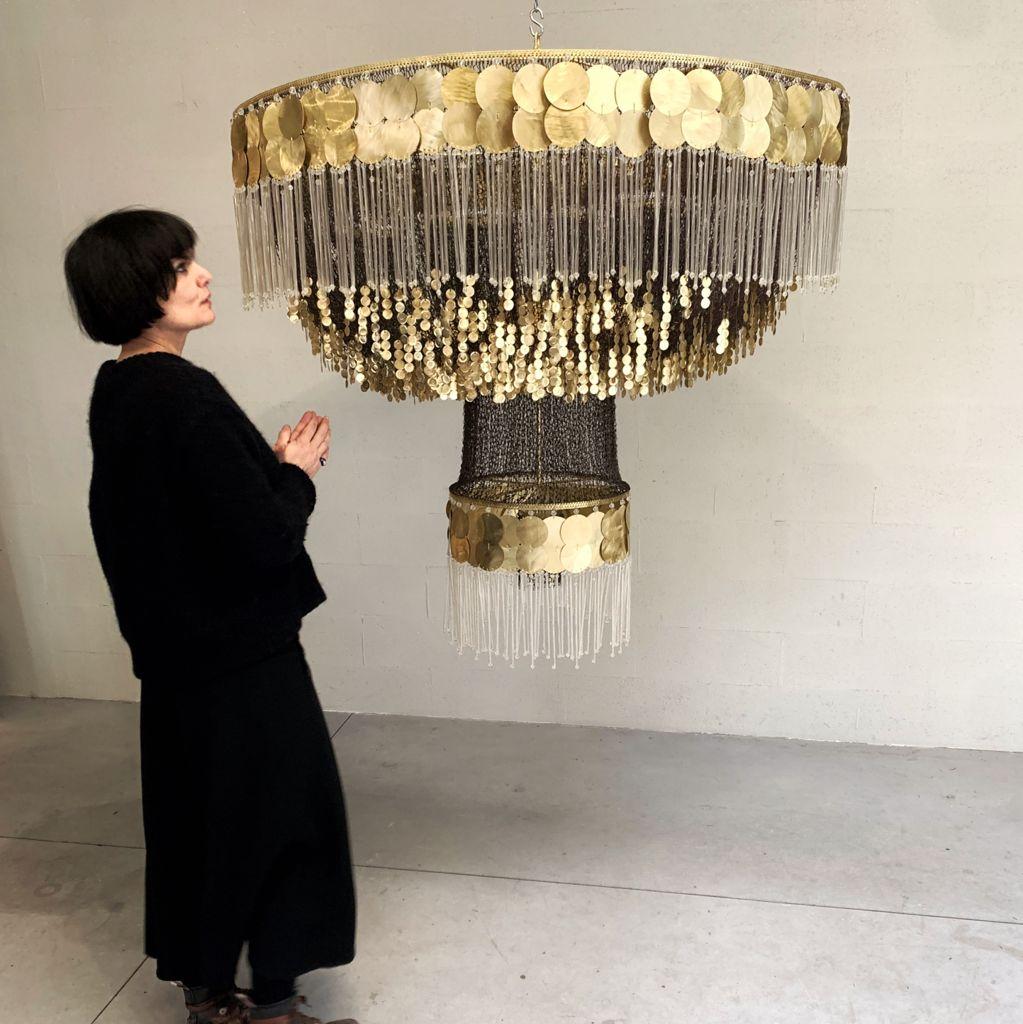 Italian Contemporary Valentina Giovando Chandelier Gold Leaf Brass Glass Beads Crystal For Sale