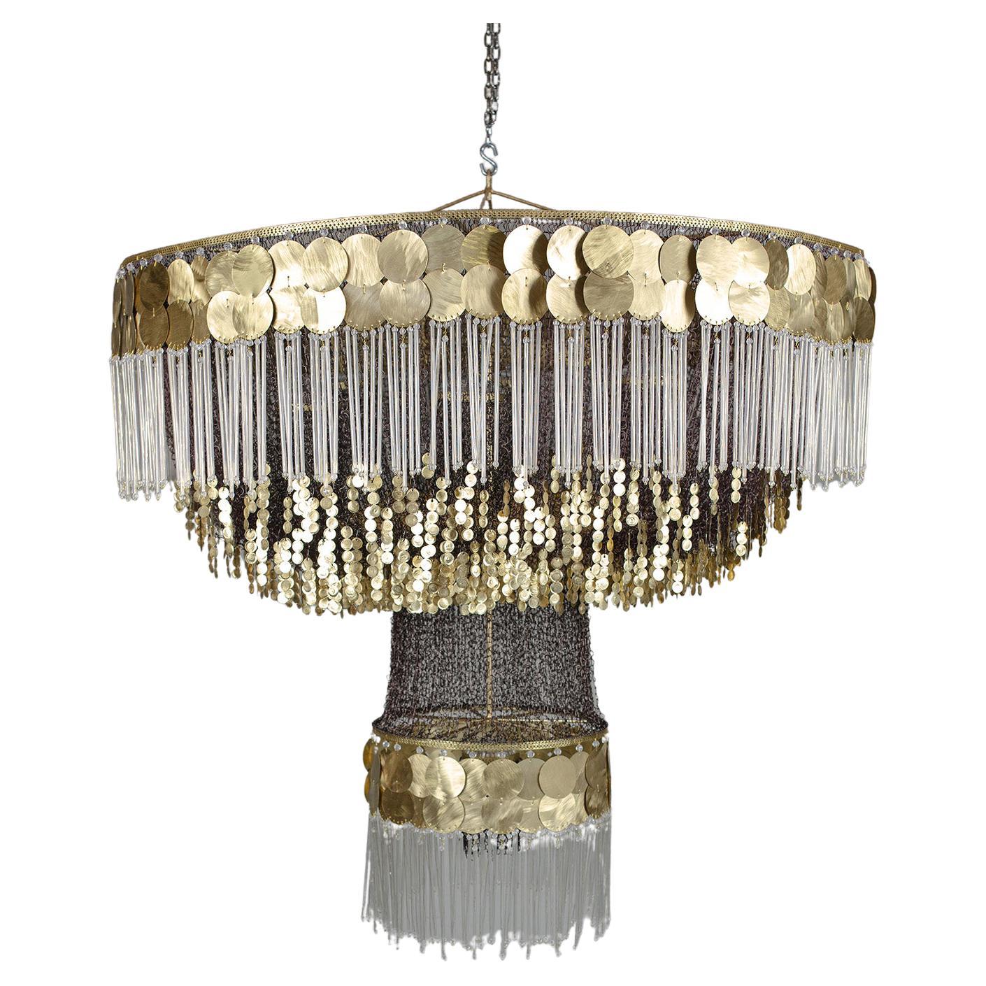 Contemporary Valentina Giovando Chandelier Gold Leaf Brass Glass Beads Crystal For Sale