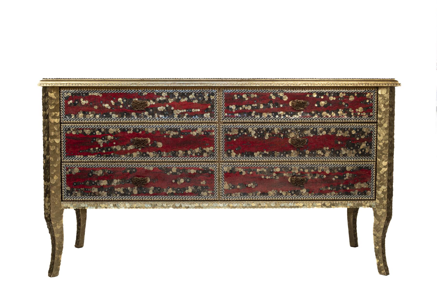 Martellato Contemporary Valentina Giovando Chest of Drawers Nereo Wood Brass Gold Red Blue in vendita