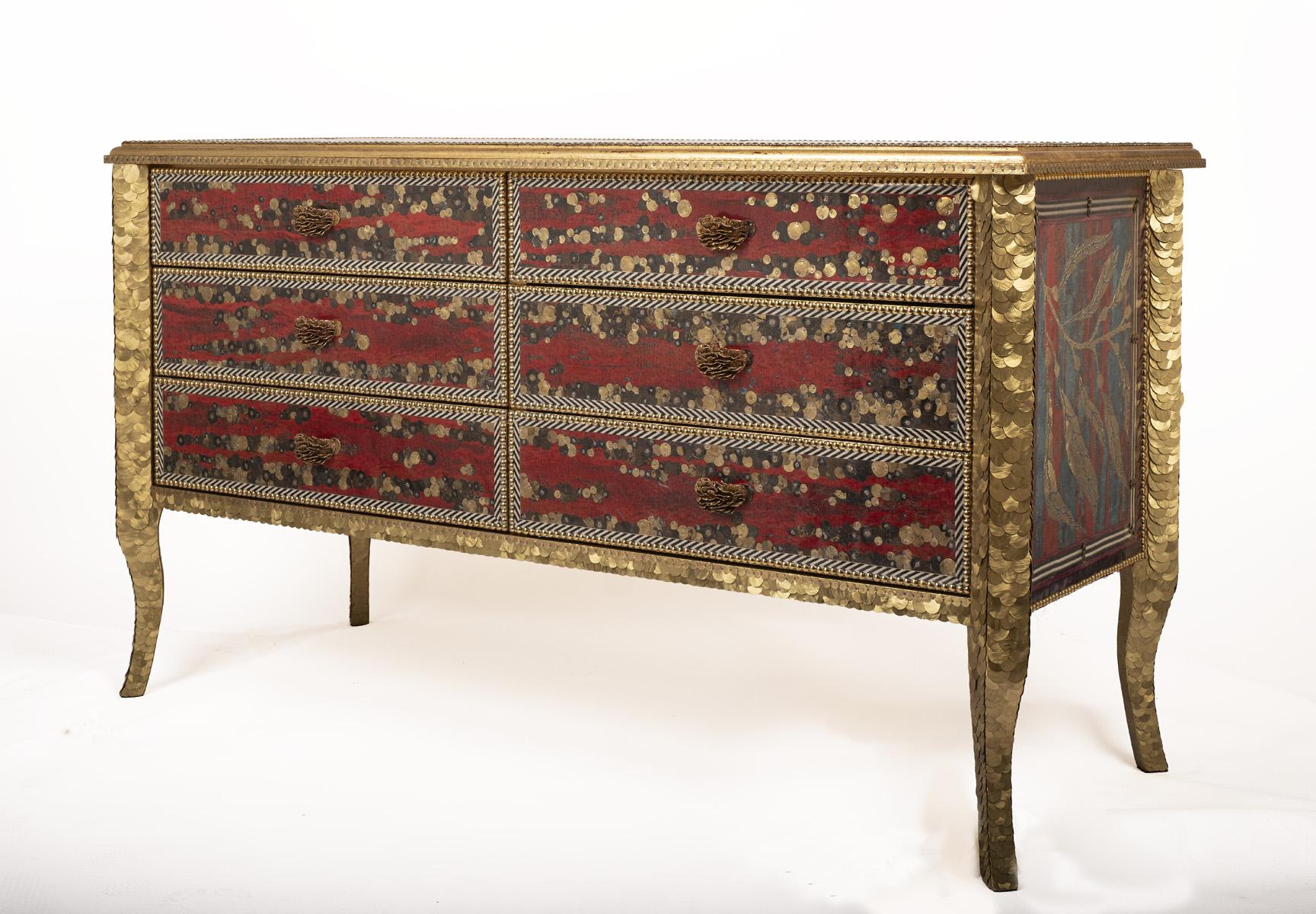 Contemporary Valentina Giovando Chest of Drawers Nereo Wood Brass Gold Red Blue In condizioni Nuovo in vendita a Sarzana, SP