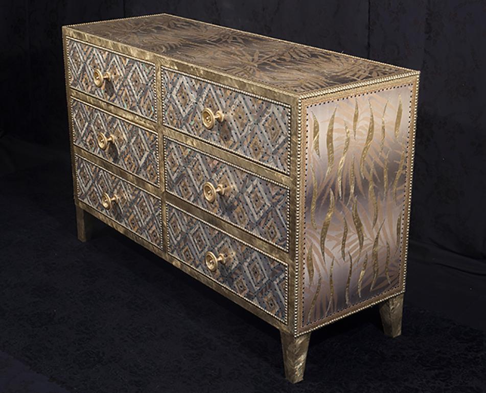 Italian Contemporary Valentina Giovando Chest of Drawers Wood Brass Gold Silver For Sale