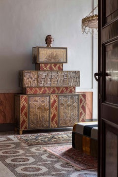 Contemporary Valentina Giovando Cupboard Wood Brass Zinc Fabric Gold Red