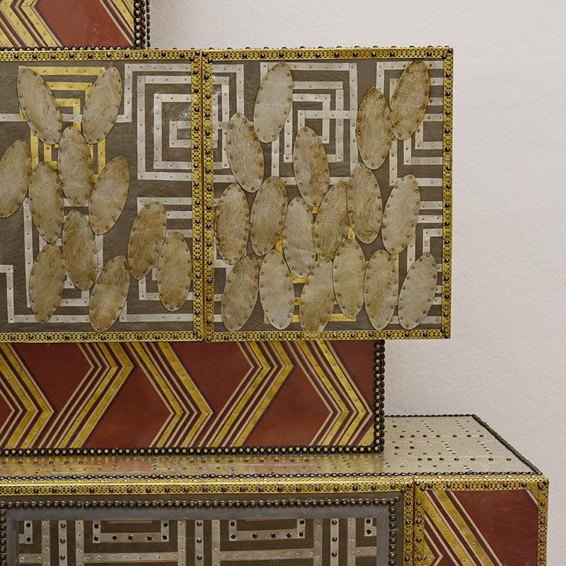Italian Contemporary Valentina Giovando Cupboard Wood Brass Zinc Fabric Gold Red For Sale
