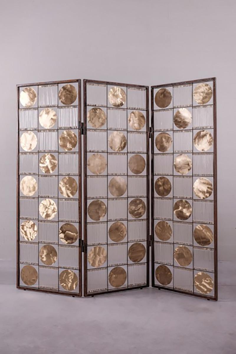 italien Paravent contemporain Valentina Giovando en fer, laiton, cristal, or et bronze en vente