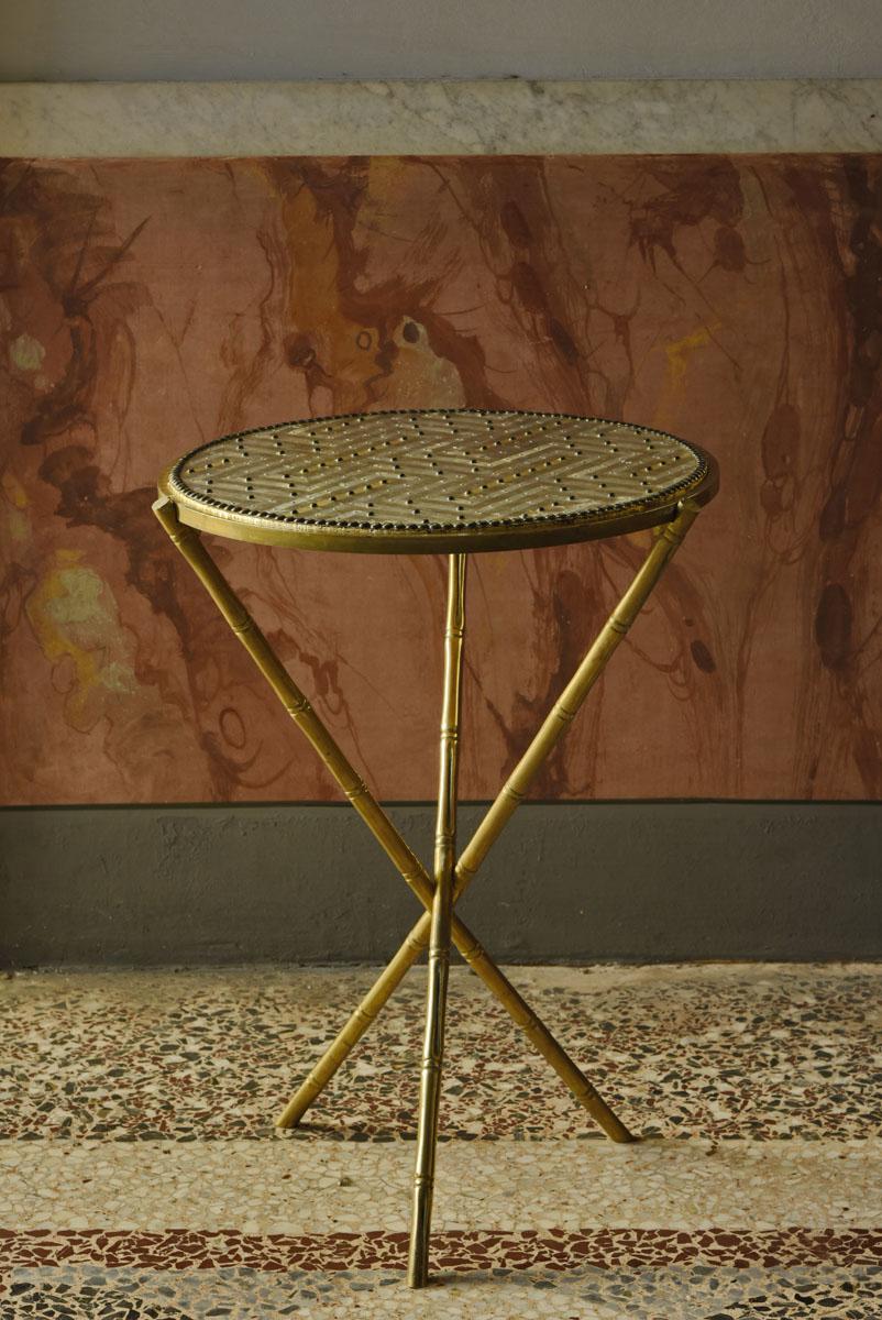 Hand-Crafted Contemporary Valentina Giovando Side Table Brass Wood Fabric Gold Silver For Sale