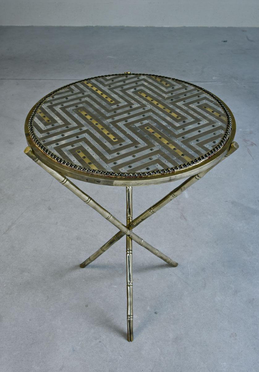 Contemporary Valentina Giovando Side Table Brass Wood Fabric Gold Silver For Sale 1