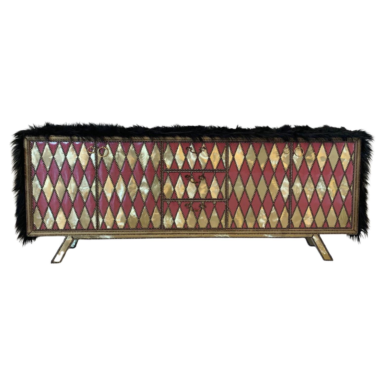 Contemporary Valentina Giovando Sideboard Wood Brass Fabric Ecofur Red Gold For Sale