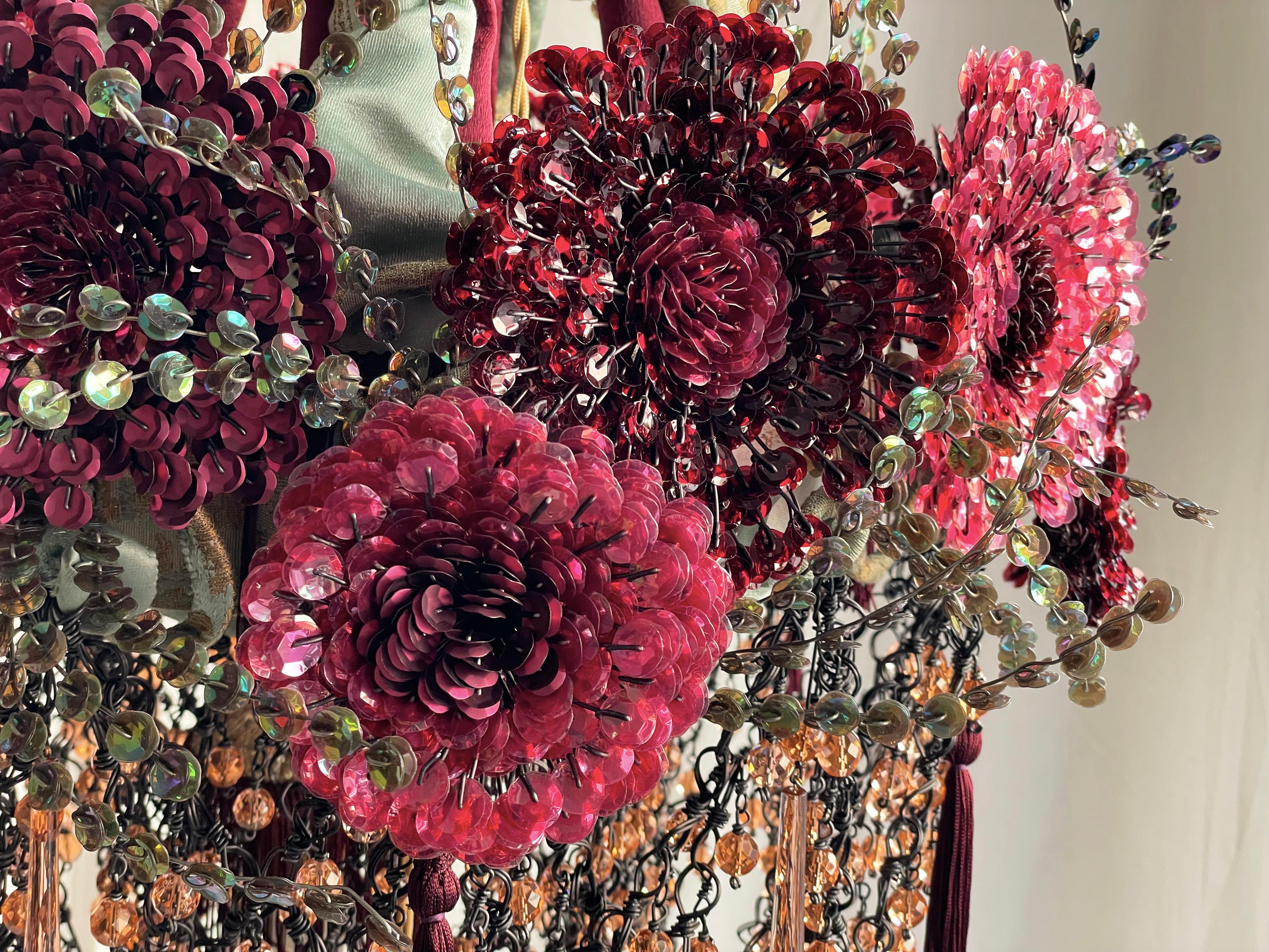 Fait main Lustre contemporain Valentina Giovando Sidò Cristaux Paillettes Violet Aqua en vente